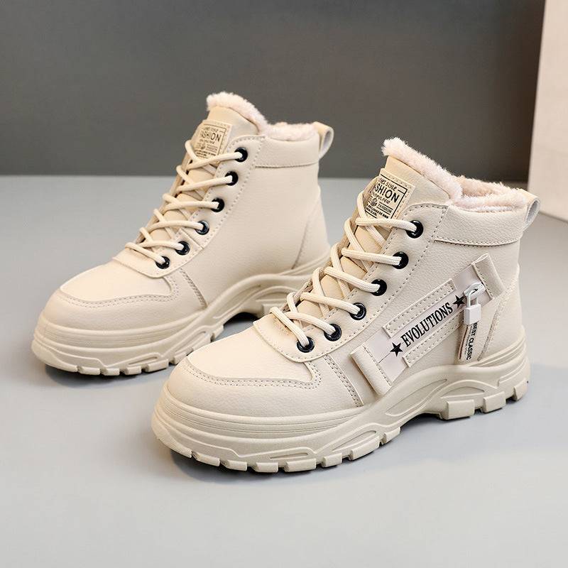 Beige Korean High-top Martin Boots for Students with soft lining and rugged sole, combining fashion and function for winter.