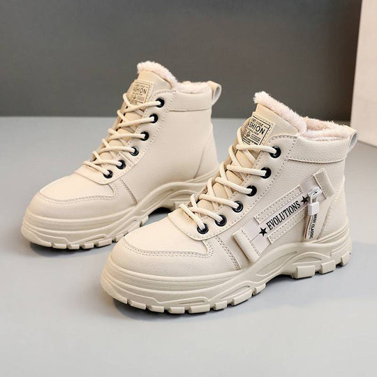 Beige Korean High-top Martin Boots for Students with soft lining and rugged sole, combining fashion and function for winter.